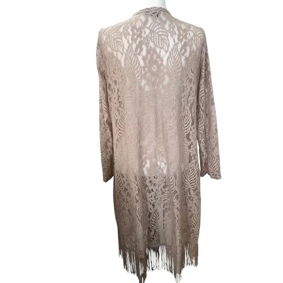 Questions Tan Long Line Feminine‎ Romantic Boho Fringe Lace Cardigan/Jacket ~ L - Picture 9 of 16
